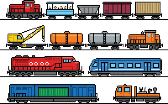 Pixel art train collection featuring locomotives, freight cars, passenger coaches, and maintenance vehicles for retro transportation and game design