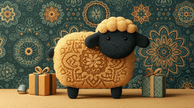 A festive stuffed sheep surrounded by gifts on a colorful patterned background for Eid al-Adha