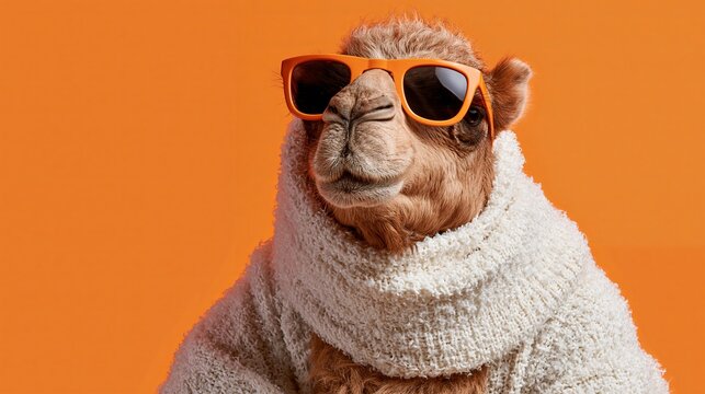 A camel wearing sunglasses and a sweater poses against a vibrant orange background confidently.