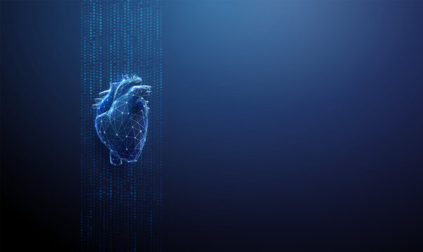 Blue 3d human heart in flowing data stream. Cardiology research, medical data analysis, healthcare monitoring, digital health technology concept.
