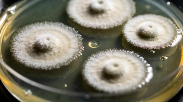 Time-lapse showing four fungal colonies growing on agar in petri dish in lab, with droplets