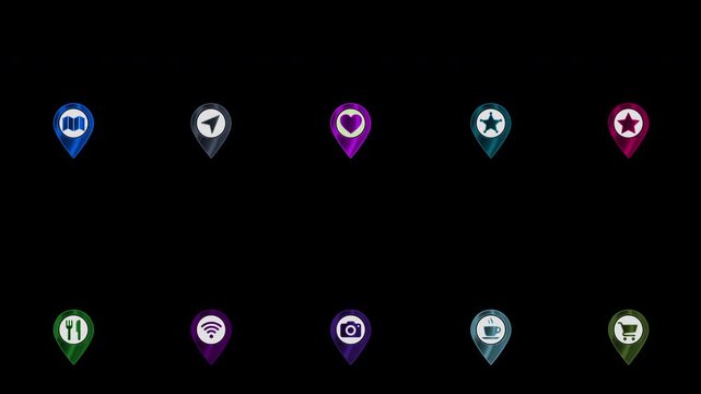 Animated multicolor 3D location marker set with POI category icons for food, travel, and connectivity, designed for mobile navigation apps, game maps, and interactive dashboards