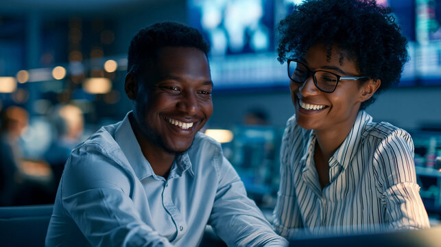 Two traders smiling and reviewing global financial market charts on large wall-mounted screens in a modern trading room, defocused rows of workstations and monitors glowing in