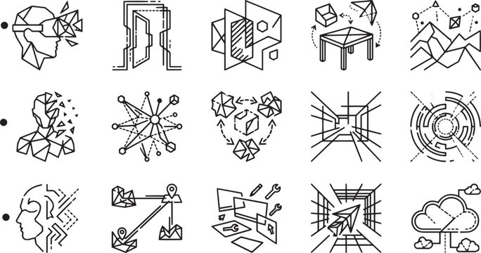 Artificial Intelligence and Virtual Reality Icon Set Linear Future Technology Machine Learning and VR Symbols