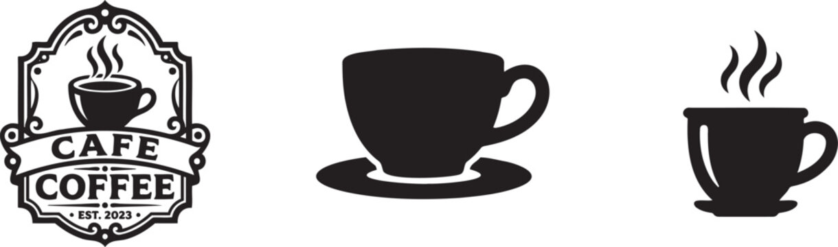 Black coffee cup icons and cafe logo