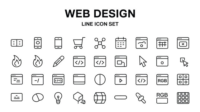 Web design line icons set with interface tools and creative digital elements
