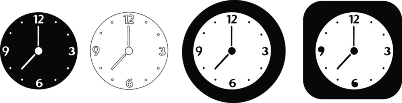 Four clock face showing the time 7:00 in various black and white styles seven o'clock