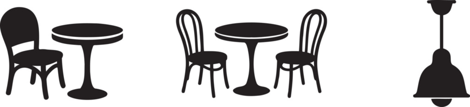 Black silhouettes of cafe furniture with tables and chairs and a hanging lamp