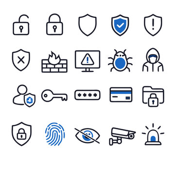 Cyber Security and Privacy Protection Line Icons Set - Lock, Shield, Hacker, Firewall, Password Vector Pack
