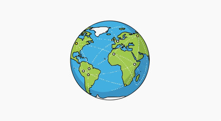 Fototapeta premium Global network connections illustrated on a cartoon earth with lines connecting continents and cities