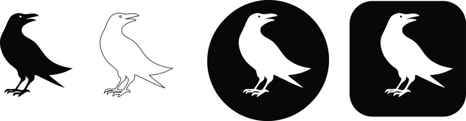 Naklejka premium Crow bird variations black white outline circle square symbol silhouette