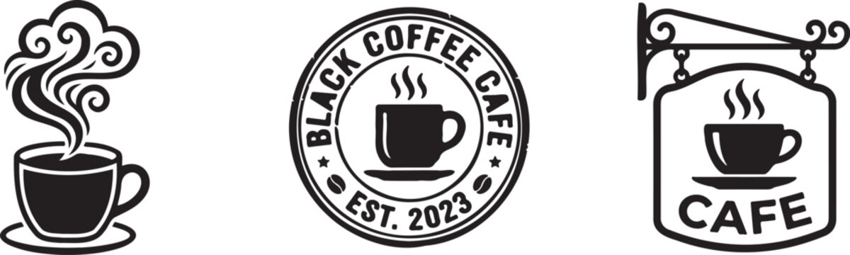 Black coffee cafe logos and steaming cup icons