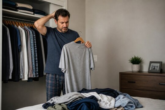 Frustrated man stands in bedroom holding t shirt confused by pile of clothes on bed choosing outfit from open closet in morning light