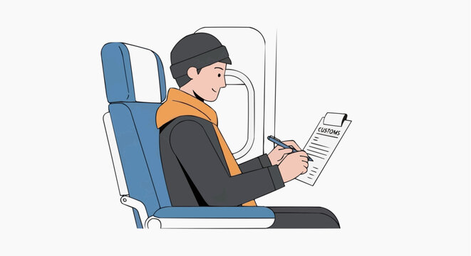 Man filling out customs form on airplane seat next to window