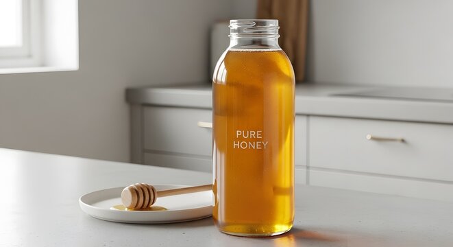 Madu murni dalam botol kaca dengan sendok kayu di atas meja dapur cerah