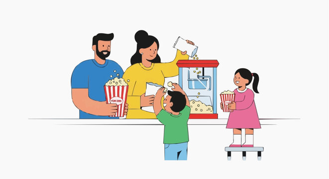 Family making popcorn together at home using a popcorn machine for movie night