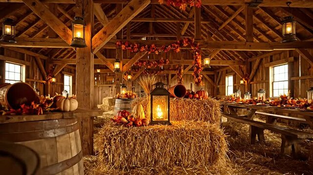 A rustic autumnal scene with pumpkins and lantern on hay