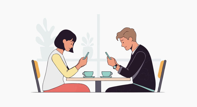 Couple ignoring each other at cafe table looking at phones
