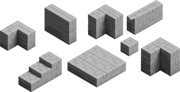 Isometric illustration of multiple gray brick structures including walls, stairs, and blocks arranged in different construction layouts