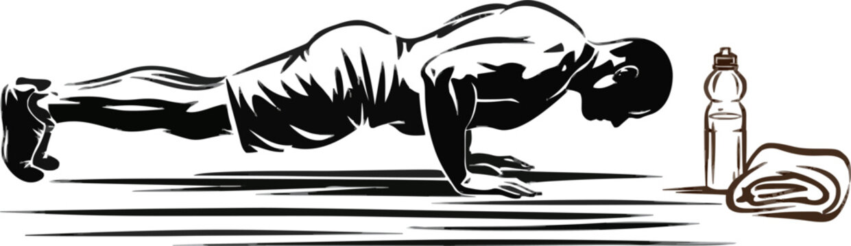 A person is performing a push-up with a water bottle and towel nearby, all depicted in flat black shapes against a white background