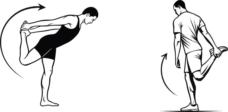 A person in a standing quad stretch, holding their ankle with one hand while the other arm extends forward, emphasizing correct form against a stark white background
