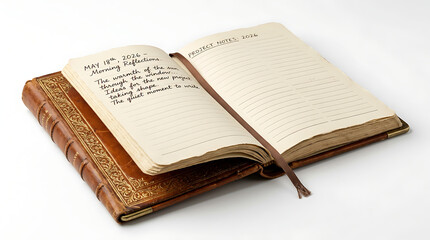 Fototapeta premium Open vintage leather bound journal with handwritten morning reflections and project notes on a clean white background studio light