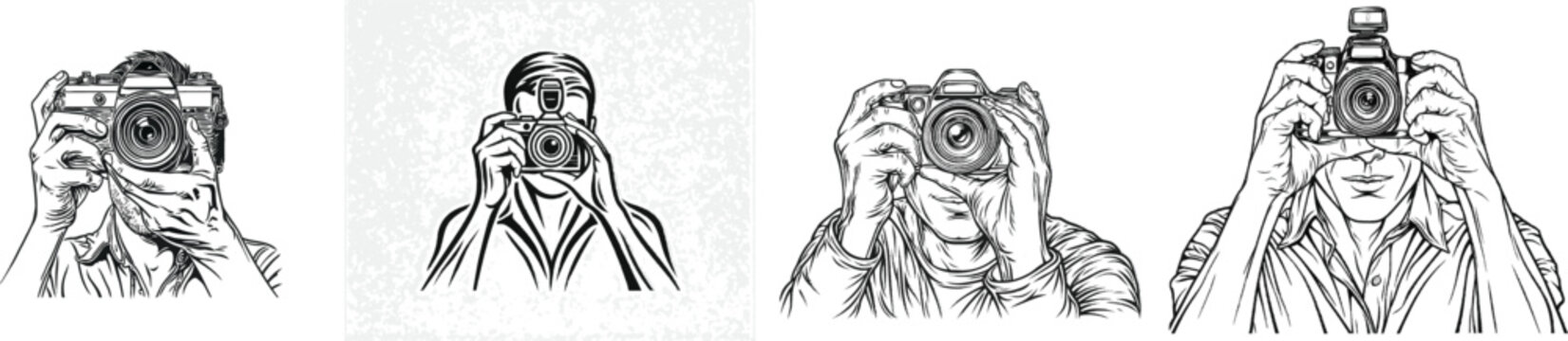 A person holds a vintage camera with a large lens and flash, their face partially obscured by the lens, in a clean, high-contrast illustration style