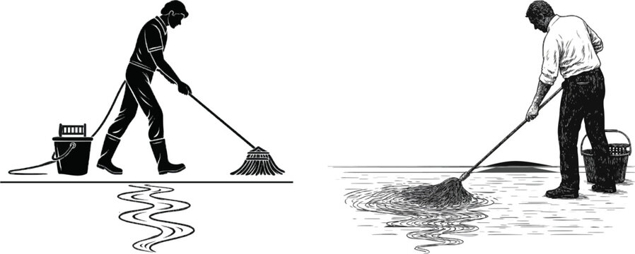 A person mops a wet floor with a bucket and wringer, creating wavy lines on the white background