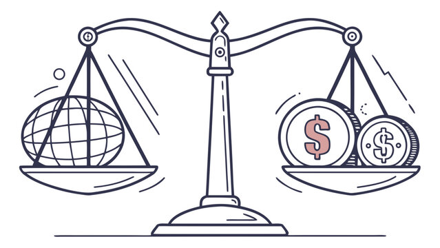 Dedollarization and multicurrency system concept, organic hand-drawn vector illustration of balance scale with global finance symbols, shifting economic power and currency diversification