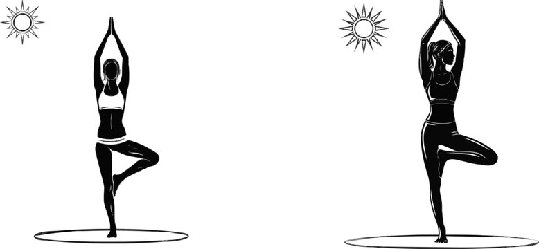 A minimalist black-and-white vector illustration depicts a person performing the standing yoga tree pose on a simple round mat with a small sun shape in the upper corner, against a clean white