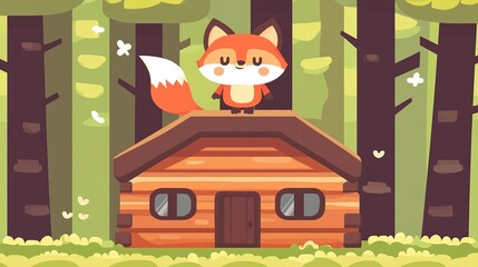 Naklejka premium A Curious Orange Fox Standing Playfully on a Wooden Cabin Roof in a Forest