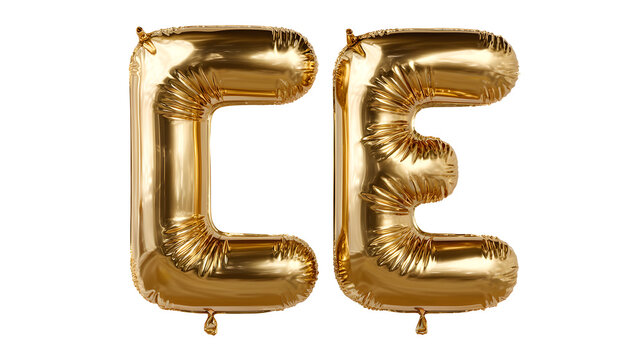 Golden balloon letters 'ce' on white background shiny reflective surface festive decoration