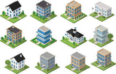 Isometric urban architecture illustration featuring diverse residential and office buildings arranged in clean grid layout with pathways © Tanzila