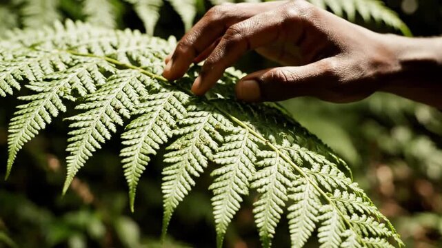 Persons hand gently touching green fern leaves outdoors natural light