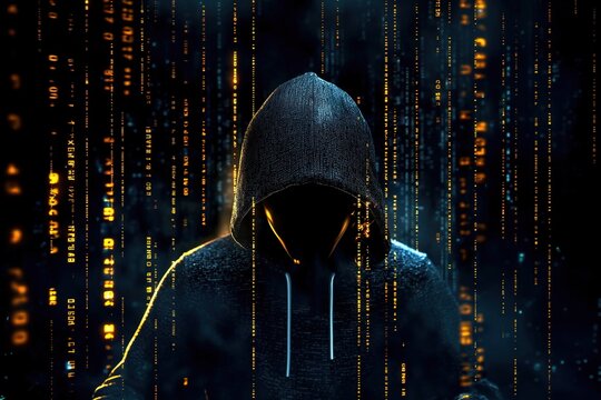Faceless hacker wearing hoodie working on laptop in dark environment cyber security concept. Ai Generative