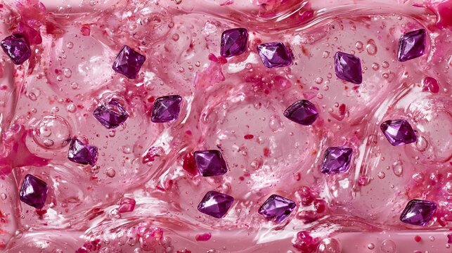 Pink, see-through goo with air pockets and purple diamond bits fills the frame. Its sticky, shiny surface works for art backgrounds or fun, tactile games.