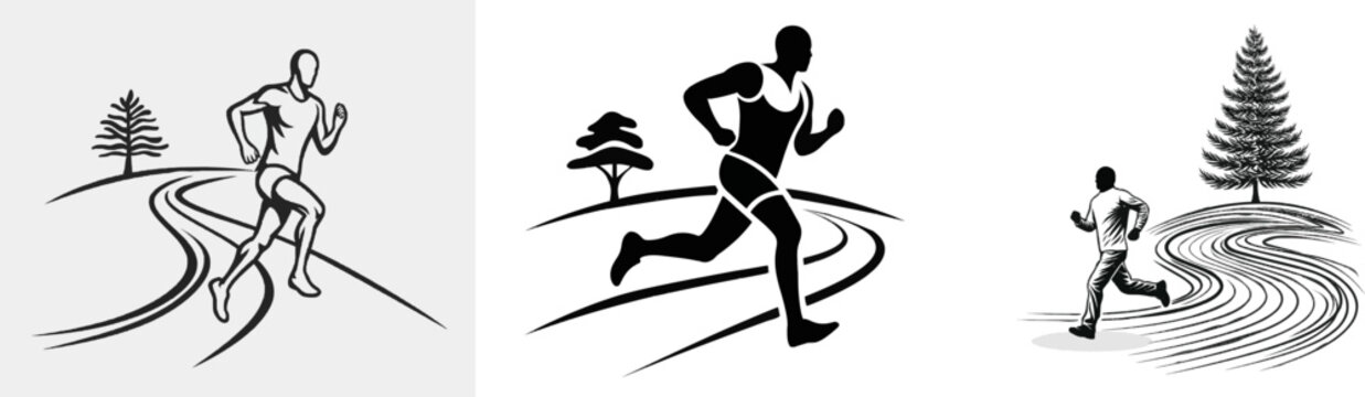 A minimalist runner in motion on a curved path with a single tree silhouette, set against a flat monochrome background