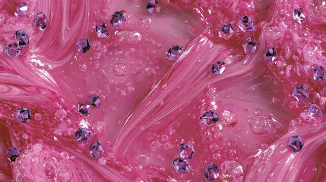 Pink, see-through goo with air pockets and purple diamond bits fills the frame. Its sticky, shiny surface works for art backgrounds or fun, tactile games.
