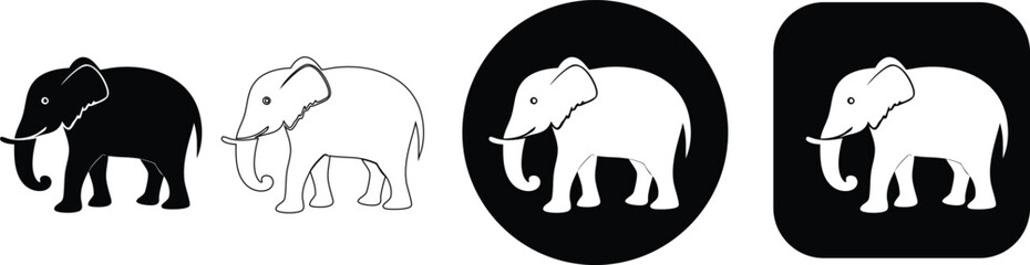 Obraz premium Elephant set black and white silhouette and outline on white and black backgrounds