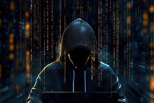 Faceless hacker wearing hoodie working on laptop in dark environment cyber security concept. Ai Generative