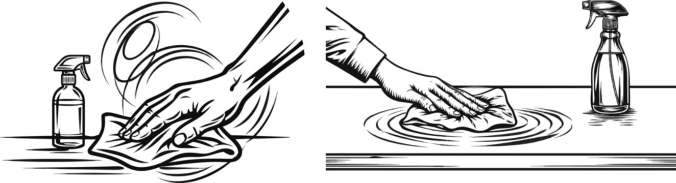 A hand meticulously wipes a countertop with circular motions, while a spray bottle stands nearby in this high-contrast, minimalistic illustration