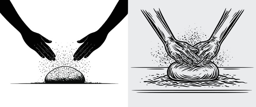 Two hands kneading bread dough on a floured surface, the dough as a rounded mass, flour dust scattered as tiny dots. Flat 2D monochrome vector, solid silhouettes, no outlines. Pure black, white
