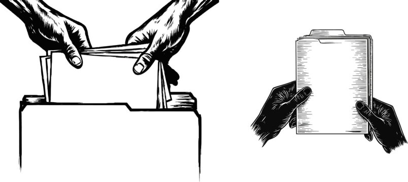 Two hands meticulously organize papers into a Manila folder, the tab clearly visible against a stark black and white backdrop