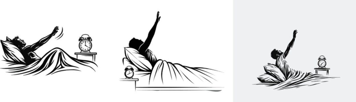 A figure in a minimalist bedroom scene, reaching out to turn off an alarm clock on a simple nightstand with bold black silhouettes against a clean white background