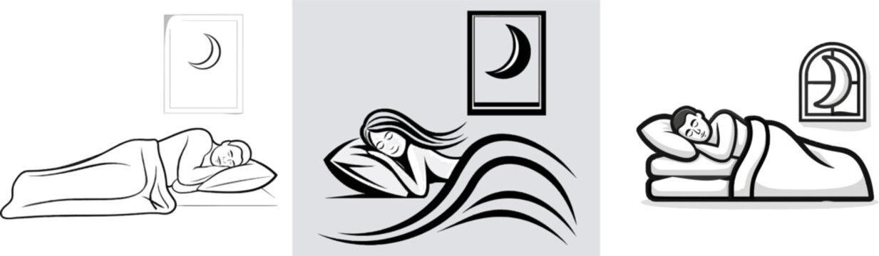 A serene figure rests peacefully on a pillow, enveloped in a simple blanket, with a crescent moon adorning the window above