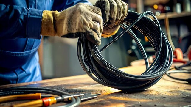 革手袋を着けた作業員が工具を使いながら電気ケーブルを整備する工業作業風景