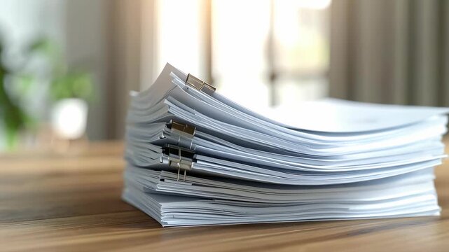 木製テーブルの上に積み重ねられた大量の書類が事務作業の忙しさを感じさせる風景