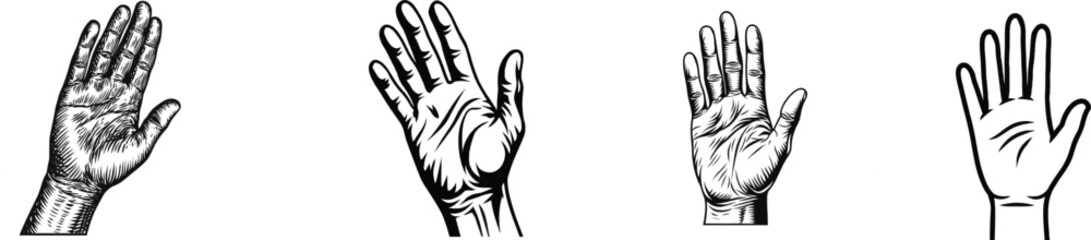 Obraz premium A bold black silhouette of a hand waving goodbye against a white background, with high contrast and clean vector design