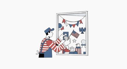 Obraz premium Man decorating window display with American flag and patriotic symbols for holiday