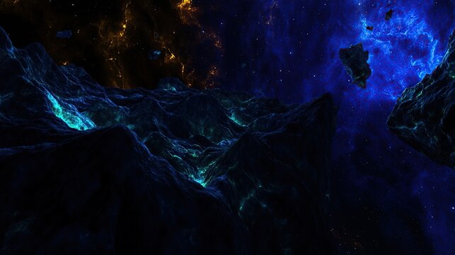 A Dark Cosmic Landscape of Blue Nebulae and Electric Cyan Light Trails Across Space